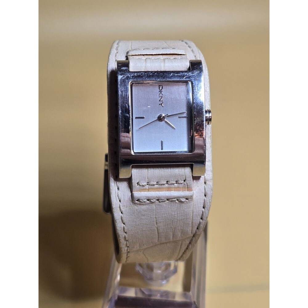 DKNY Stainless Steel Tank Watch With Light Pink Leather Bund Strap. New Battery